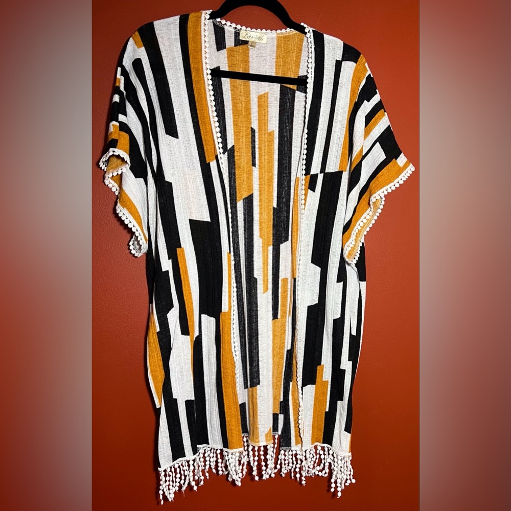 Lavish Black White Mustard Geometric Open Cardigan
